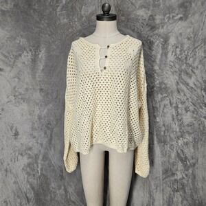 Vine& Love Women L Cream Open Knit Crochet Cotton Sweater Coastal Festival Layer